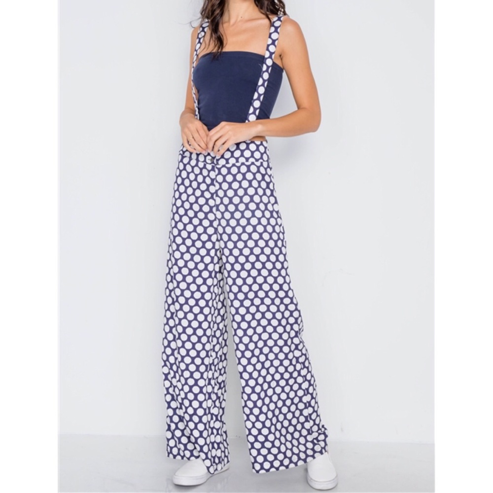 NAVY WHITE POLKA DOT WIDE LEG SUSPENDER PANTS